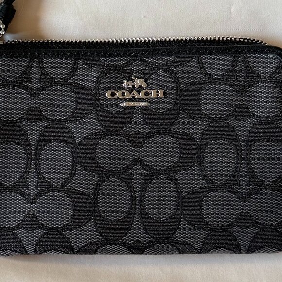 COACH Signature Double Zip Black/Grey Wristlet - Picture 2 of 7
